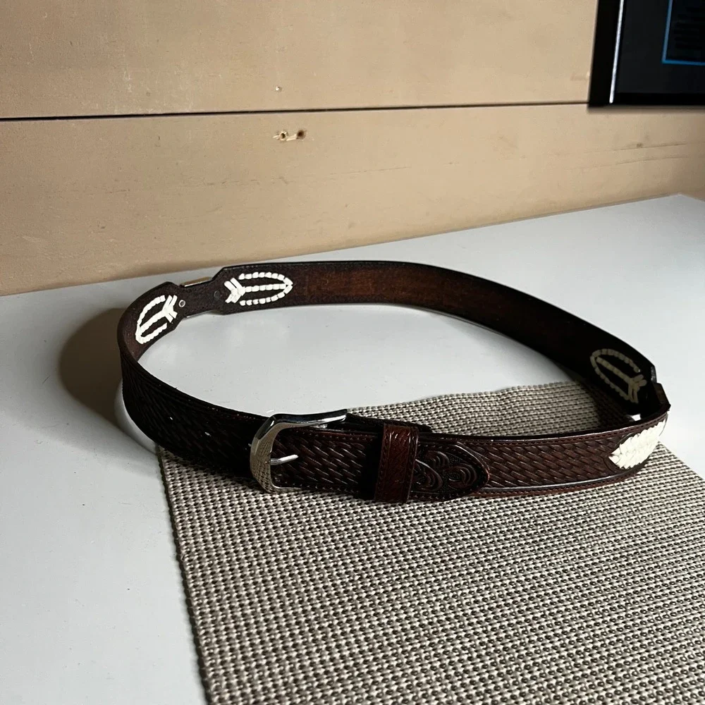 RIBCO USA Mens Brown Leather Basketweave Belt White Whipstitch Western 36